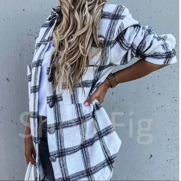 New Plaid Stripe Flannel Shirt Jacket Shacket Top Oversized - Picture 3 of 8